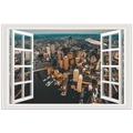 Detailed 3D window wall sticker showing a golden city skyline with harbor at sunset - City Skyline (FX82061)