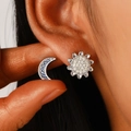 Fashionable asymmetric sun and moon stud earrings set with blue and white stones - White K (3121)