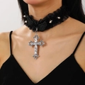 Close-up of gothic choker featuring silver cross pendant and metallic stud details - Antique Silver Cross Lace (01 Antique Silver F23)