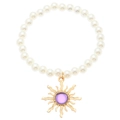 Detail of beaded bracelet featuring white pearls and a golden sun pendant with purple gem - Purple Sun Pendant Artificial Pearl Style / KC Gold Purple (S434)