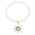 Vintage pearl bracelet with gold sun pendant and blue center stone on white background - Light Blue Sun Pendant Artificial Pearl Style / KC Gold Light Blue (S116)