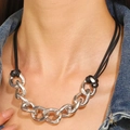 Short silver chunky chain choker necklace with black cord and industrial finish - Silver Black