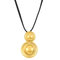 Detail of gold circular pendant with grid and starburst texture on black cord - 18K Gold Plated Stainless Steel Spherical Disc Pendant Necklace (0452) / Gold