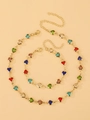 Parure de bijoux dorée avec cristaux colorés en forme de cœur comprenant collier et bracelet - Ensemble Bracelet + Collier / Parure Collier + Bracelet Cœur Doré