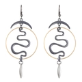 Chic tricolor snake-shaped drop earrings with geometric metallic crescent and water drop charms - Crescent Snake Geometric Style (DZ-843)