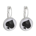 Silver drop earrings featuring a black spade poker pattern in a round metal frame - Spade (A-512)