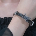 Vintage butterfly charm bracelet with dark brown braided leather and silver metal clasp - Antique Silver Leather Rope Woven Butterfly Bracelet (K-1163)