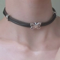 Punk street style choker with silver butterfly metal charms and woven brown leather strap - Antique Silver Double Layer Woven Butterfly Choker (A-796)