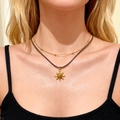 Double-layer necklace featuring golden sun pendant with tiger eye stone on brown cord - Double Layer Woven Cord Style (WG-1219)