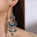 Ethnic bohemian drop earrings with colorful rhinestones and vintage silver tassels - Multicolor Gemstone Hollow Multi-layer Tassel / Antique Silver (S253)