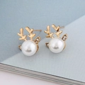 Elegant gold reindeer stud earrings with large white pearls and sparkling rhinestones - Single Large Pearl Style (1317) / KC Gold