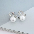 Silver reindeer stud earrings featuring a large white pearl and sparkling rhinestones - Single Large Pearl Style (1319)