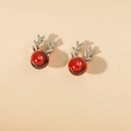 Elegant silver reindeer antler stud earrings with festive red pearl accent beads - Red Bead Simulation Nose Style (DZ-200)