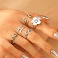 5-delige zilveren bloemenringenset met zonnebloem- en bladmotieven voor dames - Zilveren Pastorale Bloem Natuurlijke Ring Set / Zilver