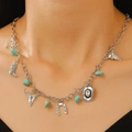 Punk street choker necklace with silver rivets, western charms and turquoise stones - Antique Silver Western Elements Long Style (10509)