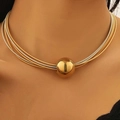 Chic multi-layer two-tone metal wire necklace featuring a large polished gold ball charm - Gold Silver Large Ball Choker (M-398)