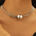 Chic silver multilayer spring wire choker necklace with a large polished metal ball - Silver Large Ball Choker (G-413)