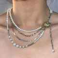 Punk style multi-layer choker necklace with pearls, silver chains and golden sphere - White K Pearl Chain Irregular Splice Style (9344)