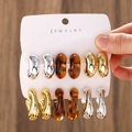 Set of 6 pairs vintage acrylic leopard print and metal C-shape stud earrings on card - C-Shape Earring Set (2-Card Pack) / Gold, Silver & Coffee