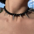 Punk black beaded choker with silver metal spikes for street style and edgy gothic look - White K Punk Spike Matte Black Bead Style (Z-143)