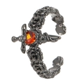 Gothic punk open ring with red heart gem and rose relief engraving on dark metal - Sword Through Heart Rose Style (x086)