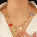 Bohemian gold chain necklace with multi-element heart and rainbow enamel pendants - Gold Rainbow Red Lips Multi-Pendant Necklace (KC Gold WG-0188)