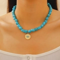 Bohemian style turquoise beaded necklace with golden evil eye coin pendant on neck - Evil Eye Turquoise Style (kc金10802)
