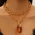Double-layered gold chain necklace with amber resin pendant and toggle clasp - Tortoise Shell Resin Pendant Necklace / Gold
