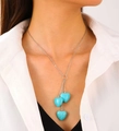 Silver layered necklace with turquoise heart-shaped pendants on minimalist chain - Silver Fine Chain Triple Heart Style (蓝色10246)