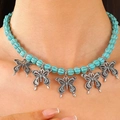 Vintage turquoise beaded necklace with five antique silver butterfly charms for women - Five Butterfly Vintage Silver Ornament Style (古银蓝色10242)