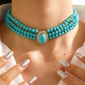 Three-layer turquoise beaded choker necklace with vintage gold rhinestone oval pendant - Triple Layer Rhinestone Edged Style (kc金 绿色6287)