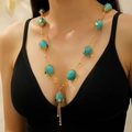 Detail of vintage bohemian long necklace with turquoise beads and gold floral tassels - Vintage Y-shaped Long Tassel Style (仿金DZ-603)