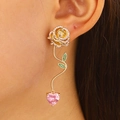 Gotische Rosen-Ohrringe mit grünen Blättern und großem rosa Herzkristall-Anhänger - Gold Rose Blume Rosa Herz Stil (N-528)