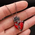 Gothische Kette mit rotem Herzanhänger, schwarzer Rose und S925 Silber Markierung - Gun Black Rote Rose Herz Stil (N-413)