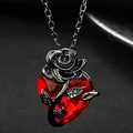 Gothic necklace featuring a large red crystal heart and a detailed black metal rose - Gun Black Rose Heart (N-413)