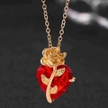 Elegant gold chain necklace with red heart pendant featuring a 3D rose flower design - Gold Rose (7344)