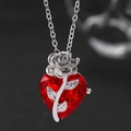 Exquisite silver necklace with a red heart crystal pendant and rose flower detail - Silver Rose (5243)