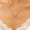 Silver heart necklace featuring pink zircon stone and lace collar detail on model - Pink Heart (1116)