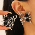 Gothic hollow butterfly stud earrings with black roses in silver-tone finish - Silver Black Rose (02 White K H-196)