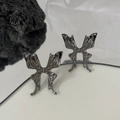 Chic gunmetal hollow butterfly stud earrings with vintage texture on white surface - Gunmetal Black (06 Gunmetal 0876)