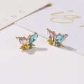 Elegant butterfly stud earrings with colorful rhinestones in pink, blue, and yellow finish - Multicolored Rhinestone Golden Butterfly (10 KC Gold 3056)