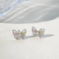 Exquisite hollow butterfly stud earrings with pink and yellow zircon in silver finish - Silver-Toned Three-Tone Zirconia Butterfly (12 White K 9178)