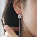 Elegant silver star tassel drop earrings with sparkling zircon on a female model - Five-Pointed Star Long Style