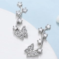 Elegant butterfly ear crawlers in silver finish with white crystals and diamond details - Silver Butterfly Ear Climber (15 White K0252)
