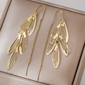 Elegant gold hollowed leaf tassel drop earrings with long chain on velvet box - Hollow Wing Tassel Style / Gold