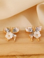 Golden butterfly stud earrings with white flower details and rhinestones on silk - Gold White Flower Butterfly (22 Medium KC Gold Blue 2324)