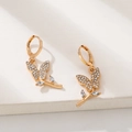 Elegant gold butterfly drop earrings with white rhinestones on a minimalist step display - Gold Butterfly Hoop Earring (21 KC Gold 7556)