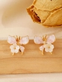 Elegant gold butterfly stud earrings with pink wings and white flower charms on wood - Pink and White Crushed Stone Flower and Butterfly (23 Medium KC Gold White 2143)