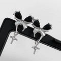 Gothic silver earrings featuring black stone butterfly wings and small cross pendants - Black Silver Butterfly Cross (19 White Gold K Z-313)