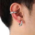 Silver lava texture ear cuff and polished hoop earring set on female model ear - Textured Cuff and Polished Hoop Set